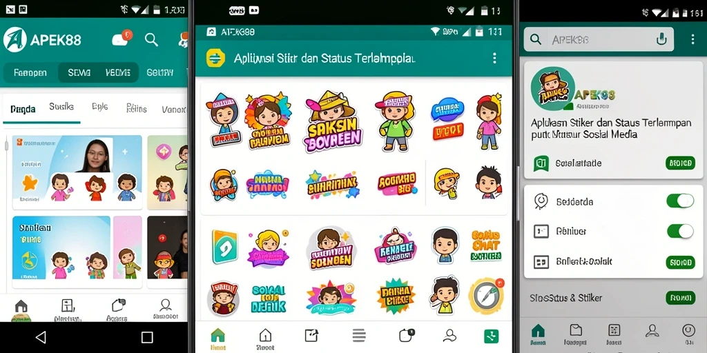 Antarmuka aplikasi APEK88 yang menampilkan berbagai stiker menarik.