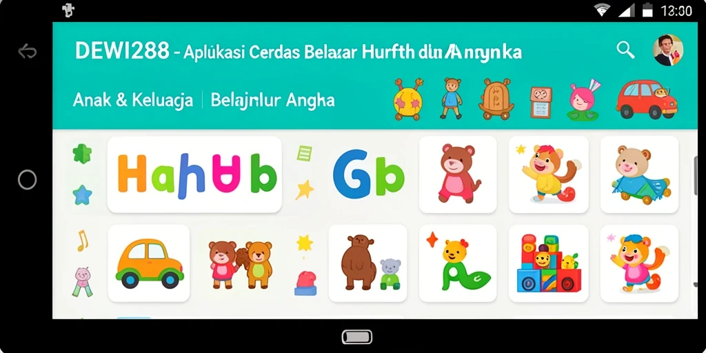 Tampilan antarmuka DEWI288 yang menarik untuk belajar huruf dan angka.