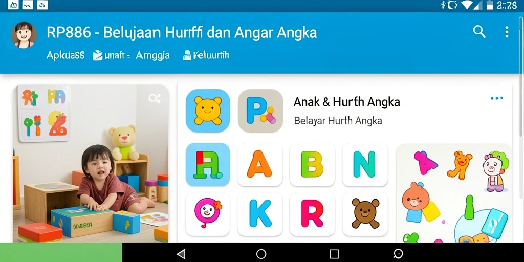 Screenshot RP886 menampilkan antarmuka belajar huruf dan angka yang menarik.